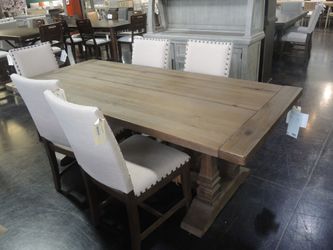 Riverside Trestle 7-Piece Dining Set - Weathered Wood Table + 6 Nailhead Upholstered Chairs - Outlet