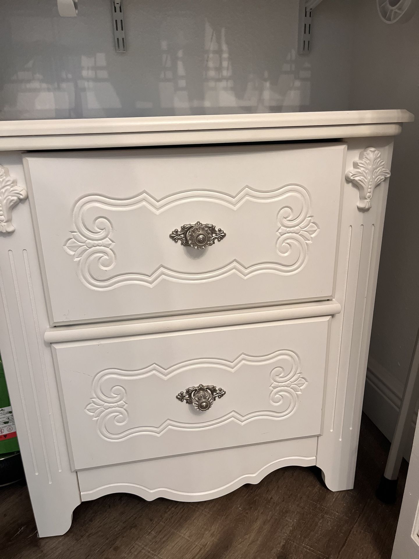 white bed-side table with two drawers