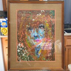 Abstract Expressionist Woman Portrait Painting with Splatter Art in Wood Frame