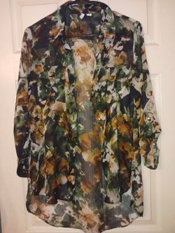Sheer Abstract Print Button-Down Blouse
