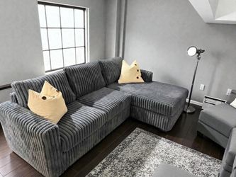 Brand New Grey Fur Like Corduroy Sectional Sofa Couch (New In Box)