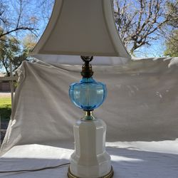 Vintage Blue Glass and Milk Glass Lamp