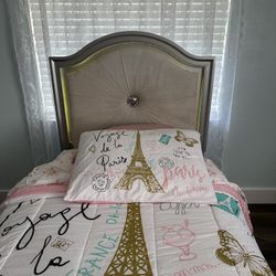 Kids Silver Twin  Bed With White Led  And Dresser And Mirror