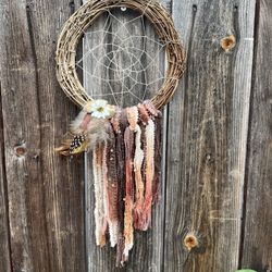 Handcrafted Dreamcatcher – 8” x 17” with Feathers, Crystals & Spiritual Blessing  Description: This stunning handcrafted dreamcatcher measures 