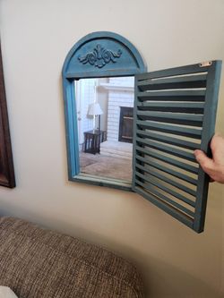 Distressed Teal Shutter-Style Wall Mirror