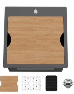 18x18In Black Stainless Steel Kitchen Sink Workstation,Drop-In,Single Bowl Topmount Sink With Built-in Ledge, Include SS Grid Cutting Board,Silicon Ma