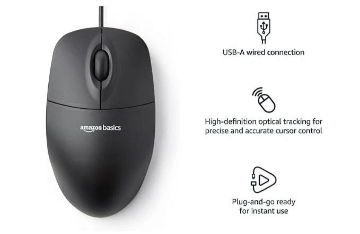 Amazon Basics 3-Button Wired USB Computer Mouse, Single Black, Brand New!!