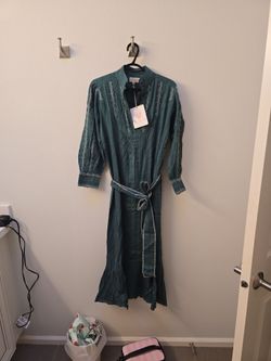 Teal Midi Dress with Embroidery and Belt