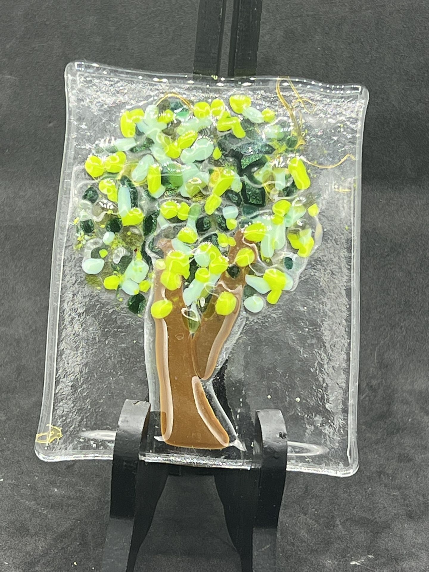 Vintage Rectangular Art Glass Multicolor Glass Wall Tile With Tree/ Artist Made   This vintage rectangular art glass wall tile features a beautiful tr