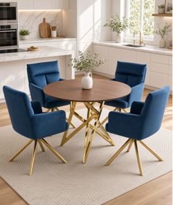 37 in. Modern Wood Outdoor Round Dining Table With Golden Metal Legs, Suitable For 2 To 4 People, Walnut Color.