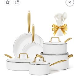 Ceramic Cookware Set, VONIKI 16 Pcs Pots and Pans Set Non Stick, Kitchen Cookware Sets with Cooking Utensils Set, Non Toxic Cookware Set White Gold Pa