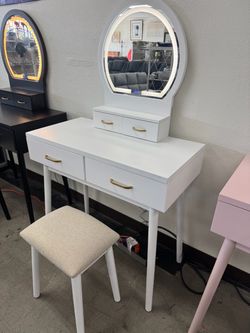 BRAND NEW White Vanity Desk with LED Mirror and Stool