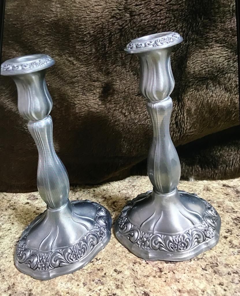 Pareja Candelabro Stainless Tallado Joyería Antigua