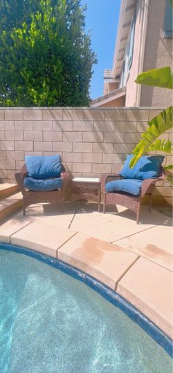 3-Piece Outdoor Wicker Patio Set w/ Blue Cushions – $70 OBO