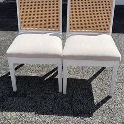 2 Cane Back Wood & Linen Chairs