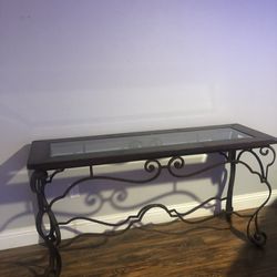 Entry table : cast iron, leather, glass top
