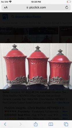 Chris Madden 3 Red Corvella Tuscan Scroll Ceramic Canister Set