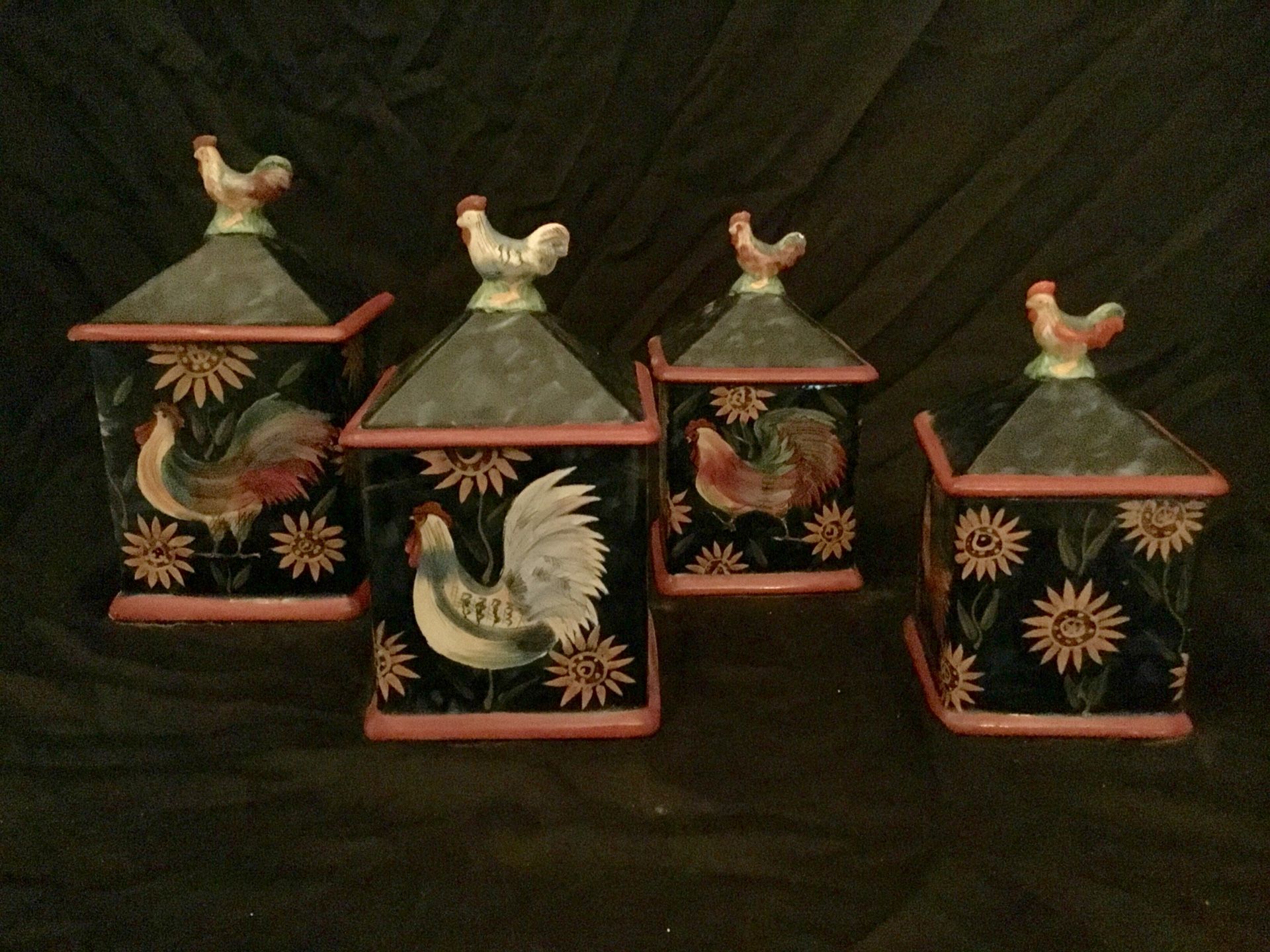 4 Rooster Ceramic Canister Jars - (Different Size Cookie Jars) Susan Winget