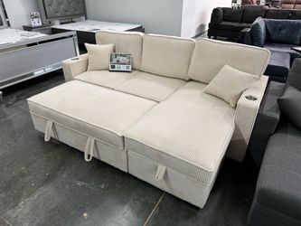 Cream Corduroy Sleeper Sectional Sofa with Storage