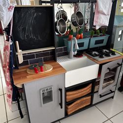 Kitchen Playset for Kids Ages 3-8, Wooden Pretend Play Kitchen with Cooking Accessories