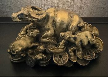 Chinese Fung Shui Handmade Cast Brass Money Coins Cattle Ox