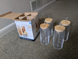 Mainstays 4-piece Briar Drinking Glass Set w/ Lids and Straws