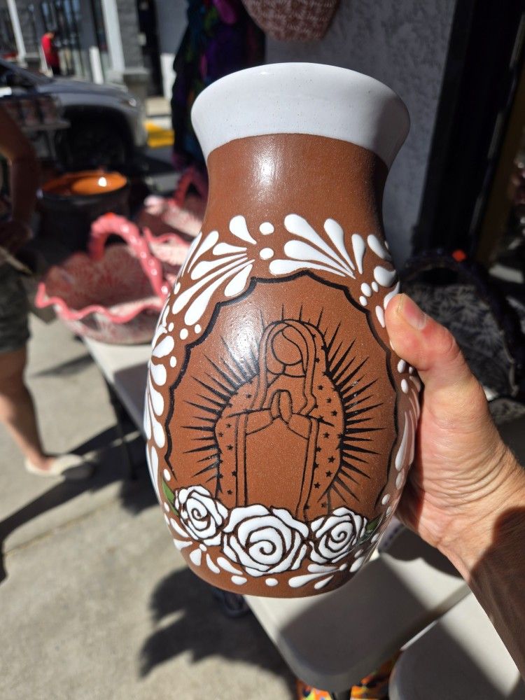 Talavera Flower Vase. Virgin Mary Design 