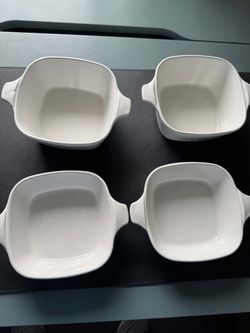Really Cool Set of Four Corning: Petite Square Cornflower Blue Casserole Dishes Bakeware Stoneware #P-43-B/P-41-B Vintage