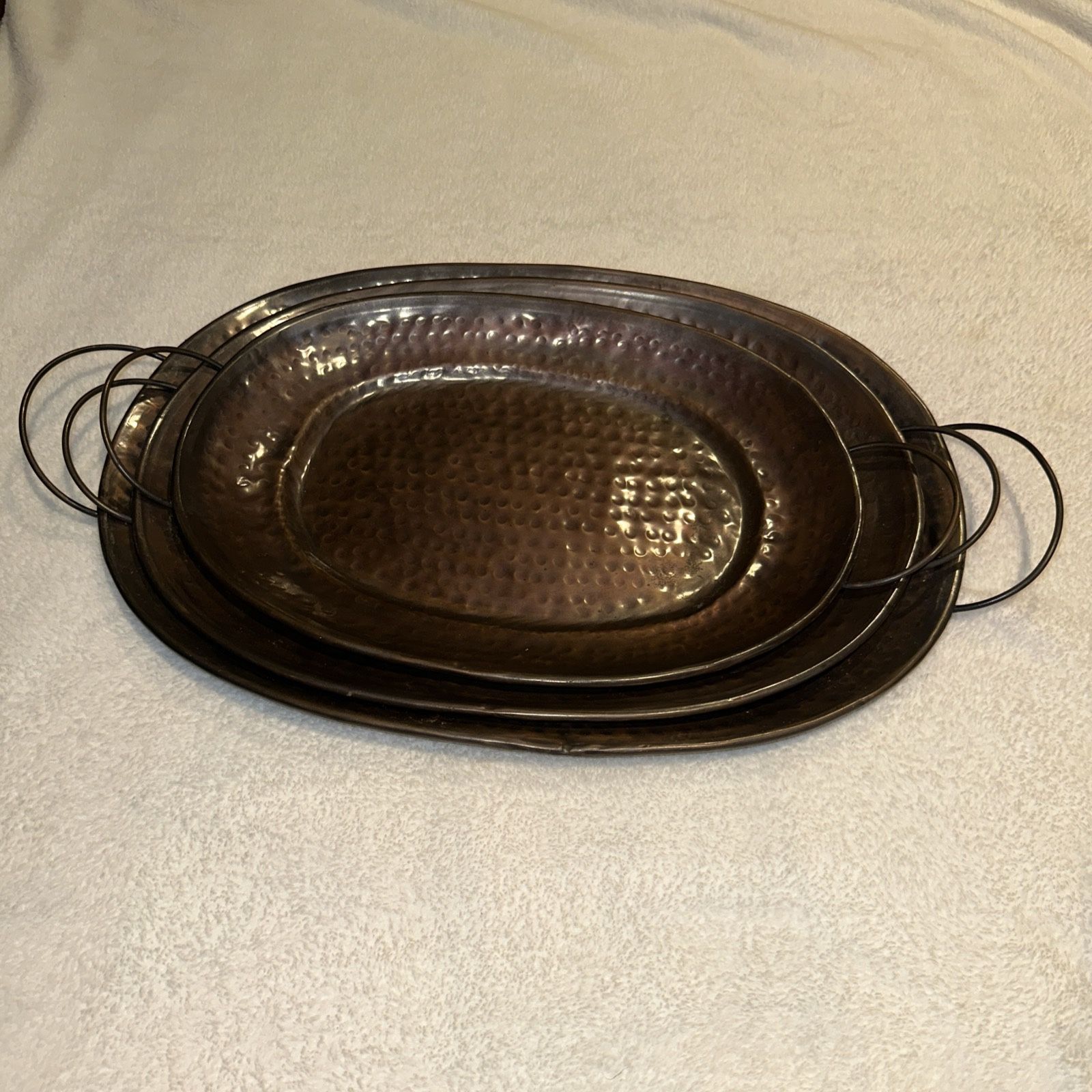set of 3 Old Dutch International Hammered Copper Oval Trays with Cast Brass Handles.