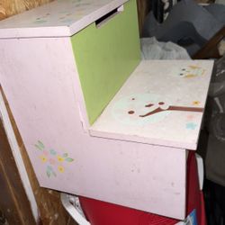 Pink Color Wooden Step Stool For Kids With Storage 