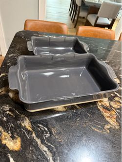 Set of 2 Emile Henry French Ceramic Ruffled Rectangular Baker, Large and medium