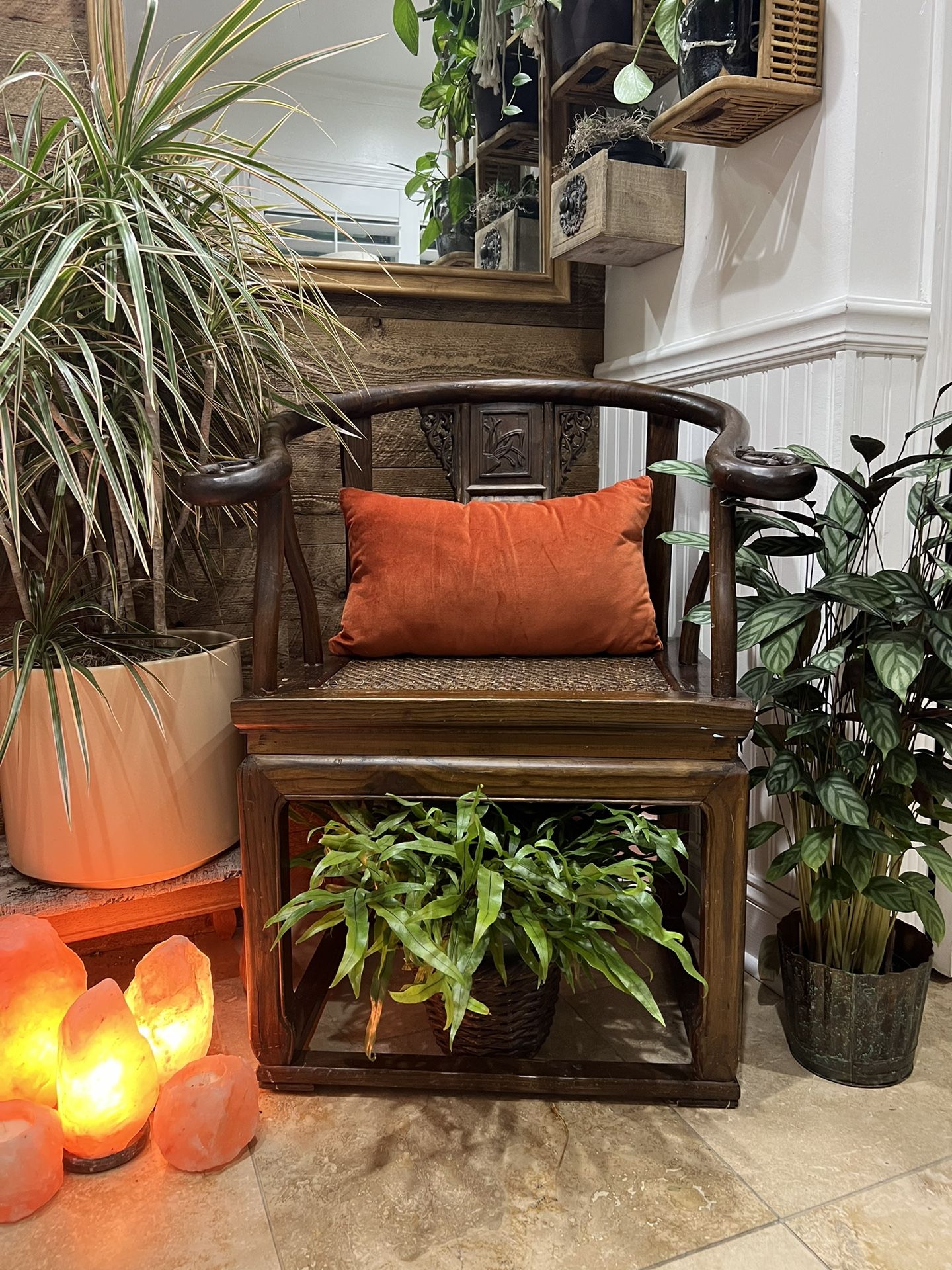 Vintage Dark Wood Rattan Seat Carved Floral Square Round Back Intricate Ornate Decorative Chair