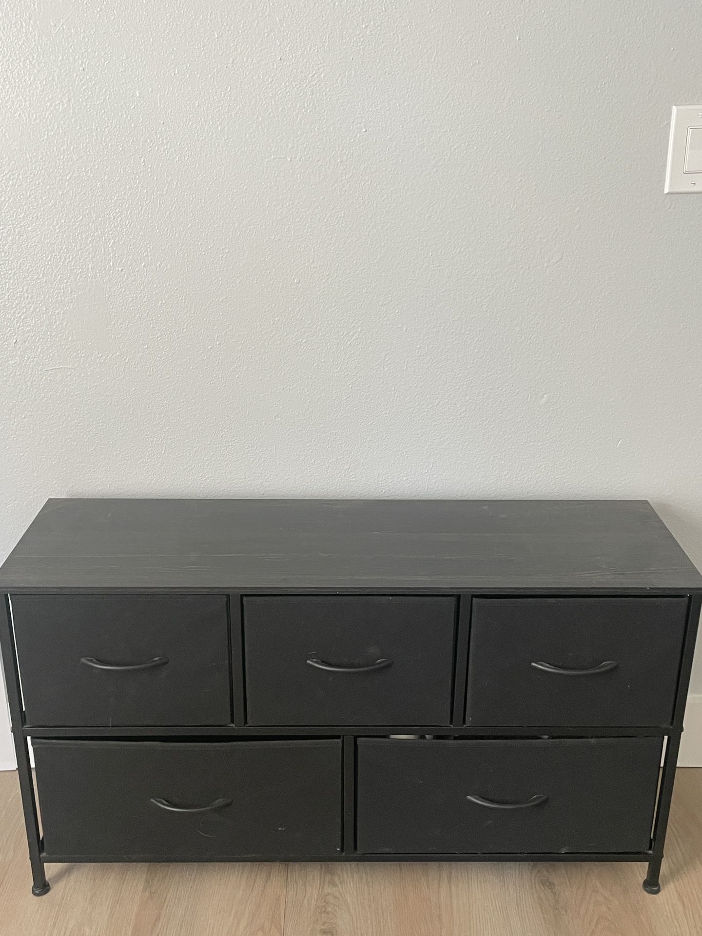 TV Stand/ Furmax fabric dresser with 5 drawers, a metal frame, and a wooden top.