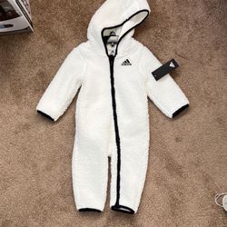 BRAND NEW W/ TAGS: Cozy White Adidas Fleece Coverall 18mos