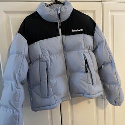 Women’s Light Blue and Black Timberland Puffer Jacket - Excellent Condition