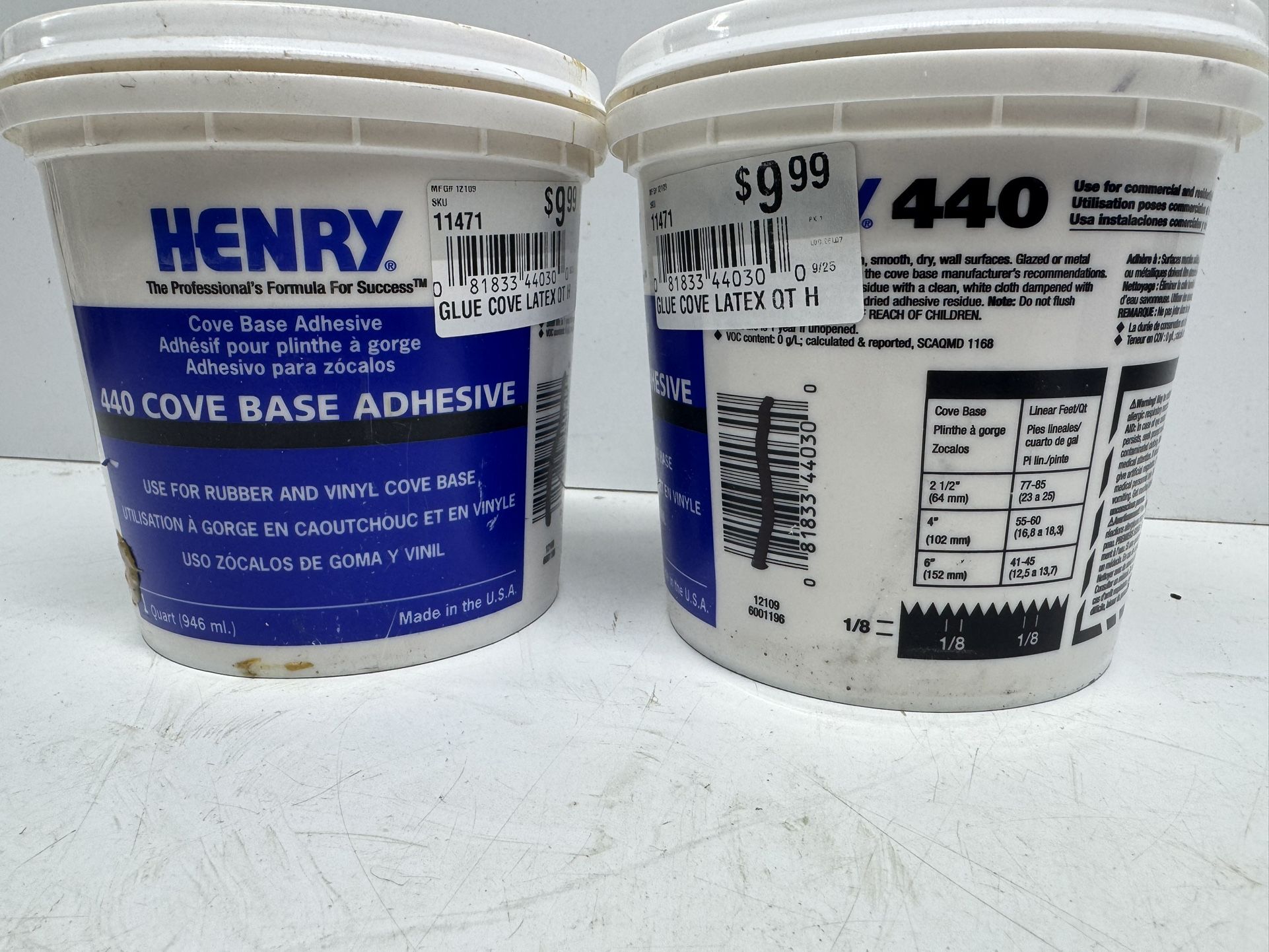 Henry 440 Cove Base Adhesive Quarts. $10 Takes Both. Must Pick Up
