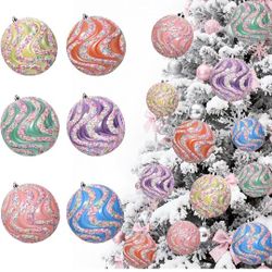 Lanpn 6 Pcs 4" Large Pastel Christmas Ornaments, Big Xmas Ball Outdoor, Plastic , Rainbow Color 