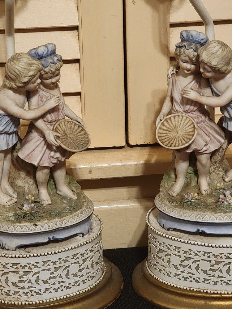 2 Vintage Victorian Porcelain Figurine Lamps/25" Tall