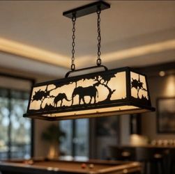 43" Elephant Pool Table Light for Game Room, Black Linear Pendant Lighting with African Wildlife Silhouette, Rustic Metal & Acrylic Island Chandelier