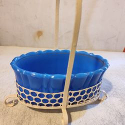 1930's-40's Vintage Akro Agate Glass 6" Blue Oval Planter W/ Original White Metal Caddy