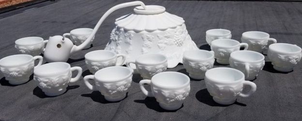 antique Westmoreland White Milk Glass Large Punch Bowl + Ladle + 15 Cups Grape Leaf Design