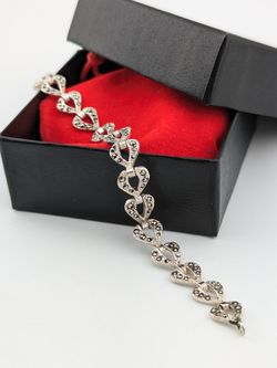 Vintage 7.5" Heart Shaped Link Bracelet in Marcasite and Sterling Silver 925