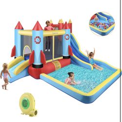DREAMVAN Kids Bounce House with Blower Inflatable Bounce Houses Double Slide Climbing Wall and Ball Pit/Pool Splash Big Bouncy House Bouncing Rocket J