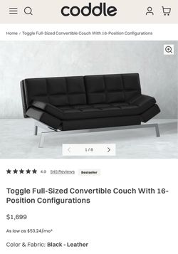 Coddle Toggle Convertible Couch / Futon. Black Leather $600