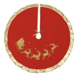 Red Christmas Tree Skirt with Gold Rim Diameter 24" Flannelette Santa Reindeer Xmas Party Holiday Decorations for 2ft Tree Red 24"