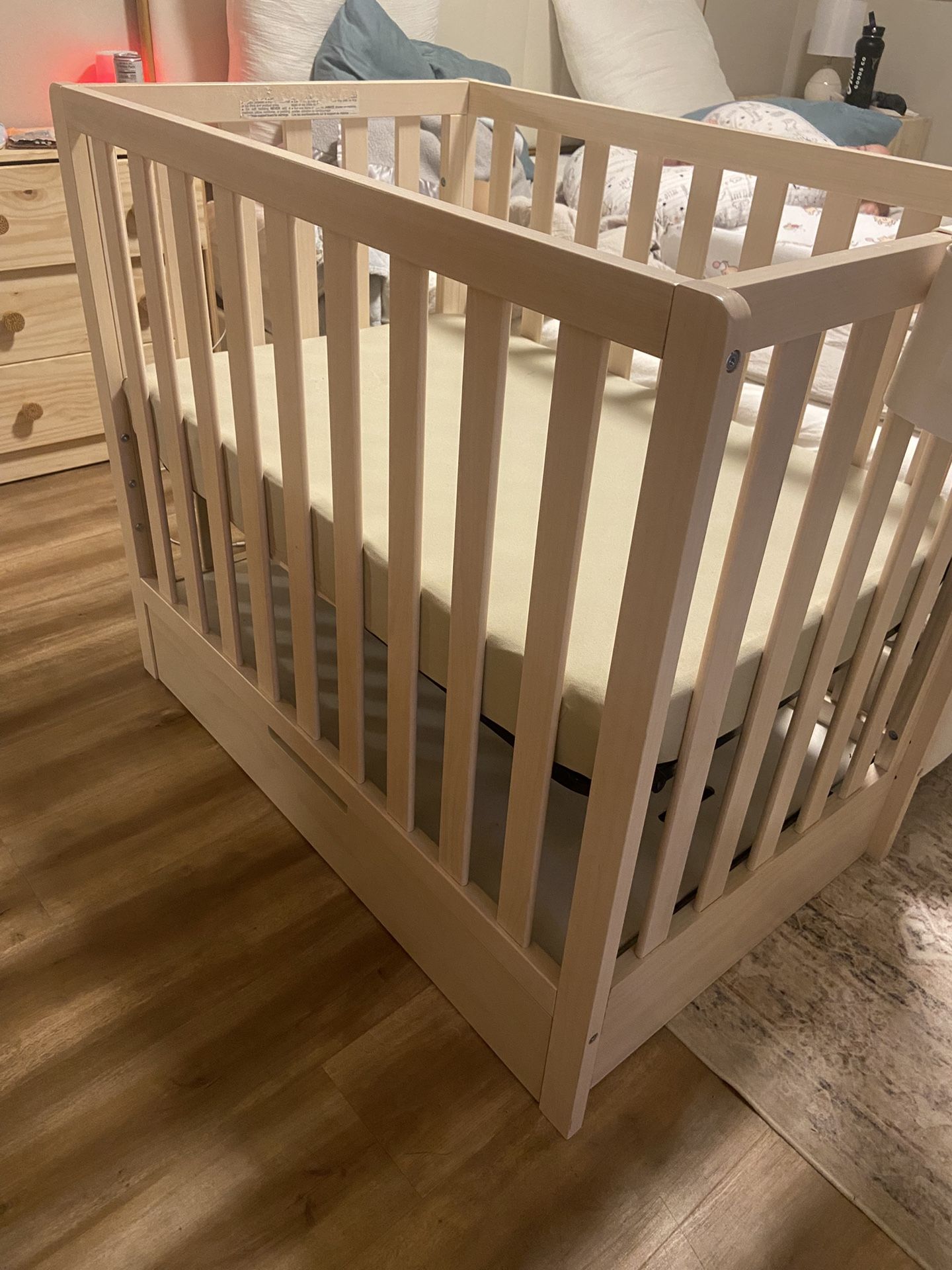 Light Wood Boho Mini Crib with Drawer