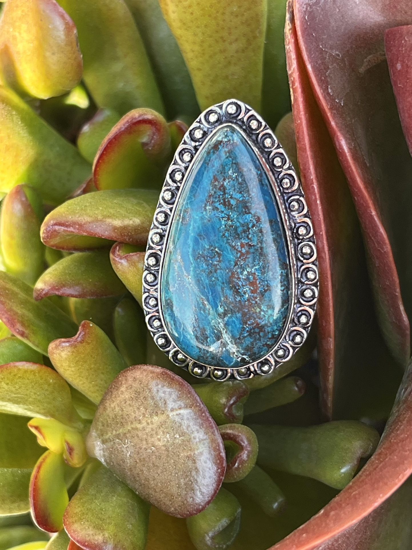 Deep Turquoise Blue Natural Azurite Sterling Silver Gemstone Ring Sz 7.5
