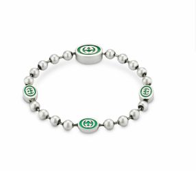 Gucci Unisex Sterling Silver Green Interlocking G Bead Bracelet Size 18 New