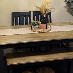 Table, 4 chairs, and bench