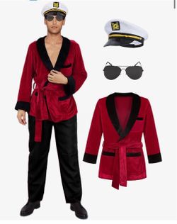 Oumbivil Red Robe Men Costume Captain Costume Adult Women Hallowen Costumes Celebrity Costume Couples Cosplay Velvet Robe Jacket with Captain Hat Glas